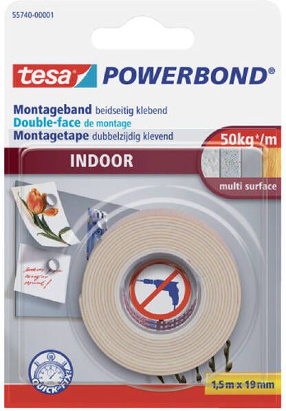 Tesa Dubbelzijdig montagetape Â Powerbond Indoor 1 5mx19mm wit