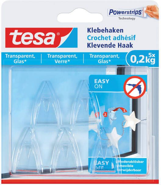 Tesa klevende Haak voor Transparant en Glas draagvermogen 200 g blister van 5 stuks