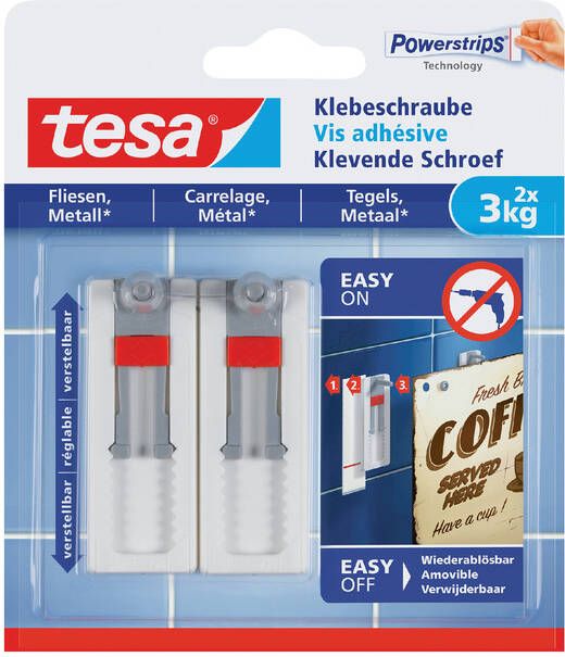 Tesa Klevende schroef Â tegels & metaal 3kg verstelbaar wit 2 stuks