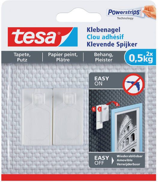 Tesa Klevende spijker voor Behang en Pleisterwerk draagvermogen 500 gram blister van 2 stuks