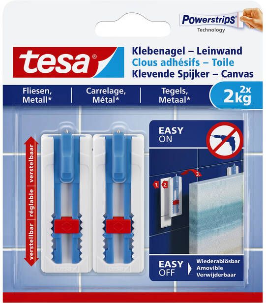 Tesa Klevende Spijker Canvas draagkracht 2 kg tegels en metaal wit 2 spijkers en 3 strips