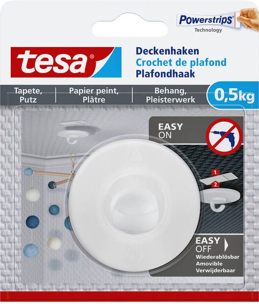 Tesa Zelfklevende Plafondhaak draagkracht 0 5 kg behang en pleisterwerk wit 1 haak en 3 strips