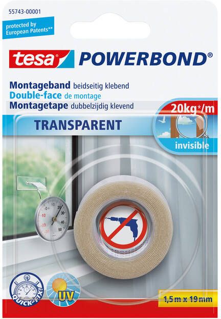 Tesa Montagetape Â Powerbond dubbelzijdig 1 5mx19mm transparant