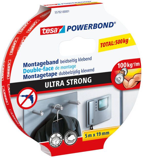 Tesa Powerbond montagetape Ultra strong dubbelzijdig ft 19 mm x 5 m wit op blister
