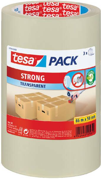 Tesa Verpakkingstape packÂ Strong 66mx50mm PP transparant 3 rollen