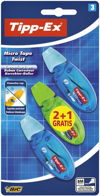 Tipp-ex correctieoller Micro Tape Twist blauw en groen blister 2+1 gratis