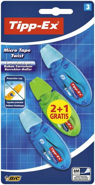 Tipp-ex correctieoller Micro Tape Twist blauw en groen blister 2+1 gratis