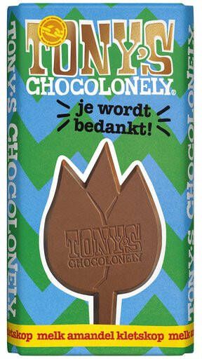 Tony's Chocolonely Chocolade Tonys Chocolonely je wordt bedankt! melk amandel kletskop 180 gram 1 stuk