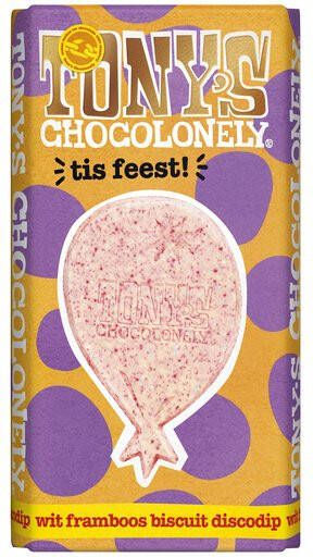 Tony's Chocolonely Chocolade Tonys Chocolonely tis feest! wit framboos biscuit discodip 180 gram 1 stuk