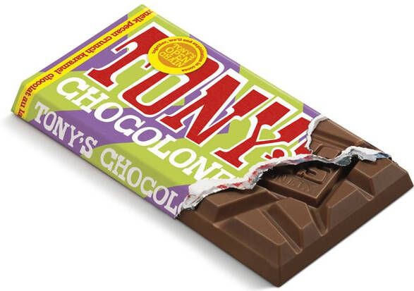 Tony's Chocolonely Chocolade melk karamel pecan crunch reep 90 gram