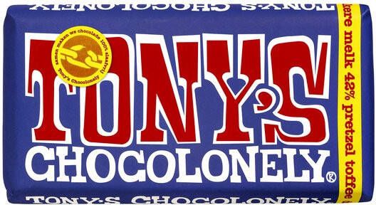 Goedkope Tony's Chocolonely Bestellen Chocolade Tony's Chocolonely donker melk pretzel toffee reep 180gr