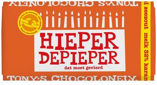 Tony's Chocolonely Chocolade reep 180gr melk karamel zeezout "Hieper de pieper"