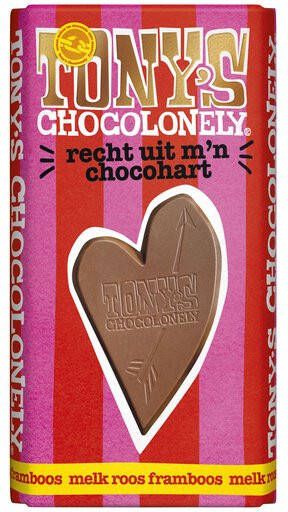 Tony's Chocolonely Chocolade Tonys Chocolonely recht uit m'n chocohart melk roos framboos 180 gram 1 reep