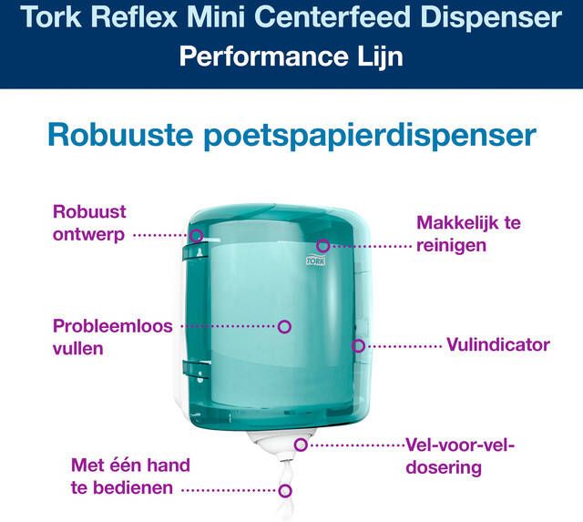 Tork Dispenser ReflexÃ¢â€žÂ¢ M4 performance lijn centerfeed wit turquoise 473180 - Foto 1