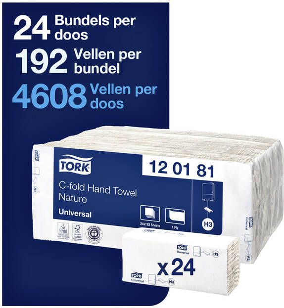 Tork Universal papieren handdoeken 1-laags 192 vellen systeem H3 wit pak van 24 stuks - Foto 3