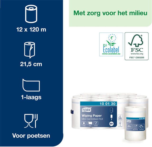 Tork poetspapier Mini Centerfeed 1 laags systeem M1 pak van 11 rollen