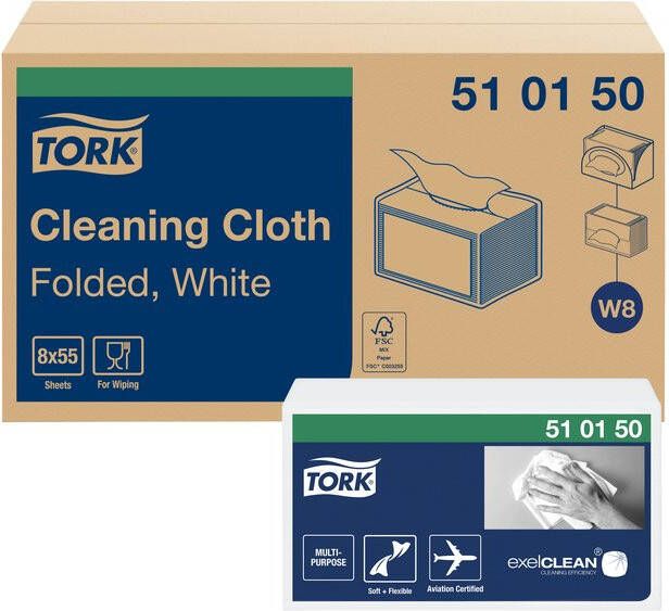 Tork Reinigingsdoek Cleaning W8 zacht flexibel nonwoven 55 vel wit 510150