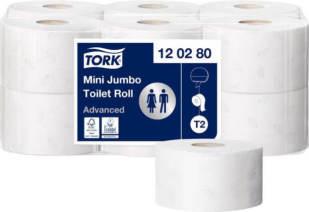 Tork Toiletpapier Mini Jumbo T2 advanced 2-laags 12 rollen wit 120280
