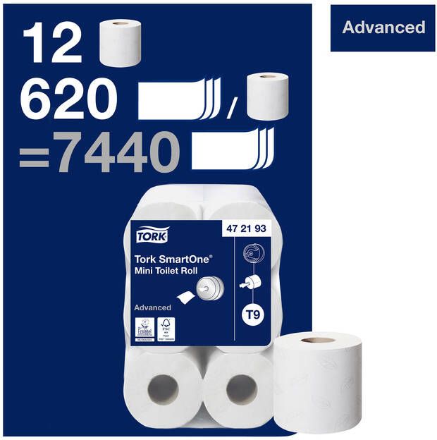 Tork toiletpapier SmartOne Mini 2-laags 111 meter systeem T9 pak van 12 rollen