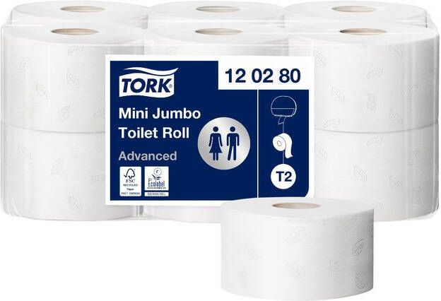 Tork Toiletpapier Mini Jumbo T2 advanced 2-laags 12 rollen wit 120280