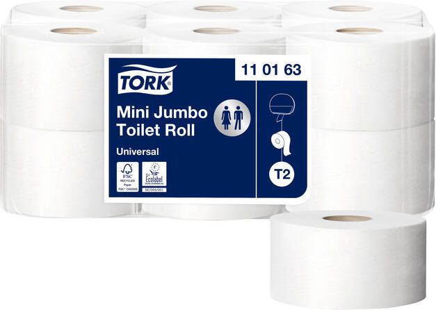 Tork Universal toiletpapier mini jumbo 1 laags systeem T2 wit pak van 12 rollen