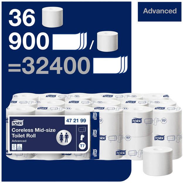 Tork toiletpapier Coreless Mid-Size 2-laags 900 vellen systeem T7 pak van 36 rollen - Foto 3