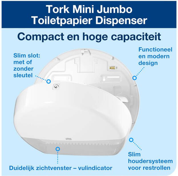 Tork Dispenser T2 555000 mini jumbo toiletpapierdispenser wit - Foto 1