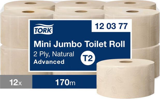 Tork Toiletpapier T2 Advanced jumbo klein 2-laags 170m naturel 120377 - Foto 2