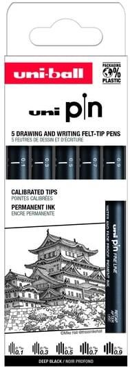 Uni-ball Fineliner Pin ASP008 set Ã  5 breedtes zwart