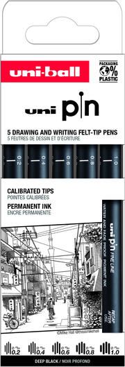Uni-ball Fineliner Pin ASP009 set Ã  5 breedtes zwart