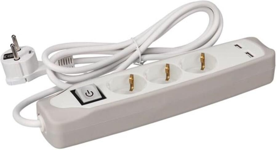 Velleman 3-VOUDIGE STEKKERDOOS MET SCHAKELAAR 2 USB-POORTEN 1.5 m KABEL GRIJS WIT RANDAARDE