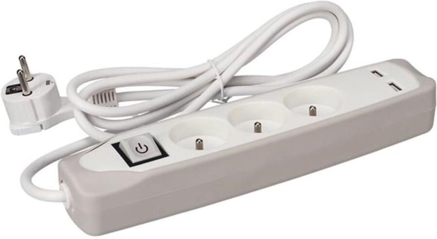 Velleman 3-VOUDIGE STEKKERDOOS MET SCHAKELAAR 2 USB-POORTEN GRIJS WIT 1.5 m KABEL PENAARDE