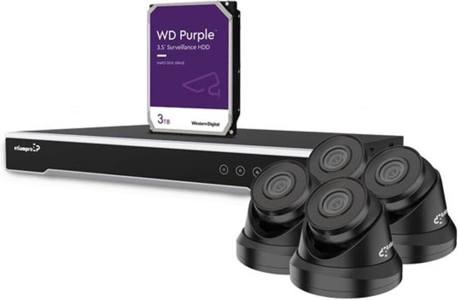 HD-videobewakingsset met 4x zwarte IP-camera's 8-kanaals PoE netwerkrecorder (nvr) & 20m CAT6 kabels 3TB harde schijf uitbrei