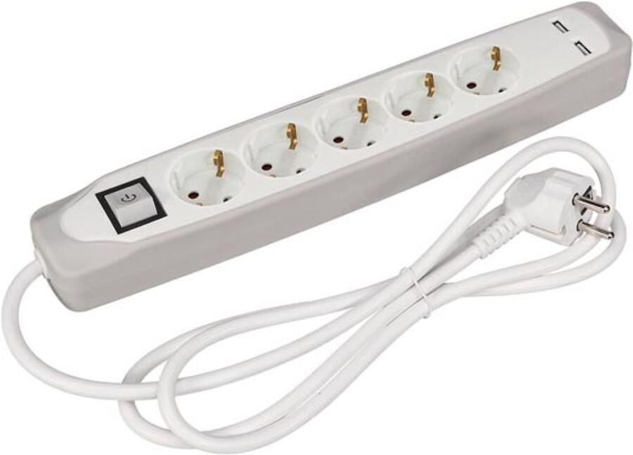 Velleman 5-VOUDIGE STEKKERDOOS MET SCHAKELAAR 2 USB-POORTEN 1.5 m KABEL GRIJS WIT RANDAARDE