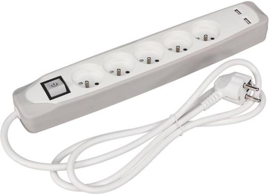 Velleman 5-VOUDIGE STEKKERDOOS MET SCHAKELAAR 2 USB-POORTEN GRIJS WIT PENAARDE