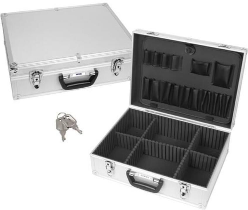 Velleman Gereedschapskoffer gereedschapshouders schouderriem tussenwanden verstelbaar sleutelslot 2 sleutels aluminium grijs 457