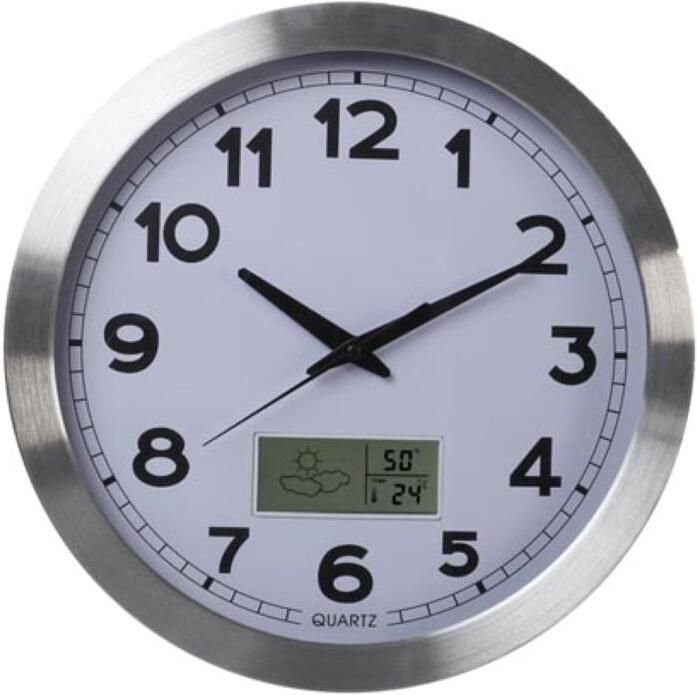 Velleman ALUMINIUM WANDKLOK MET LCD-DISPLAY EN THERMOMETER HYGROMETER&WEERSVOORSPELLING -Ø 35 cm