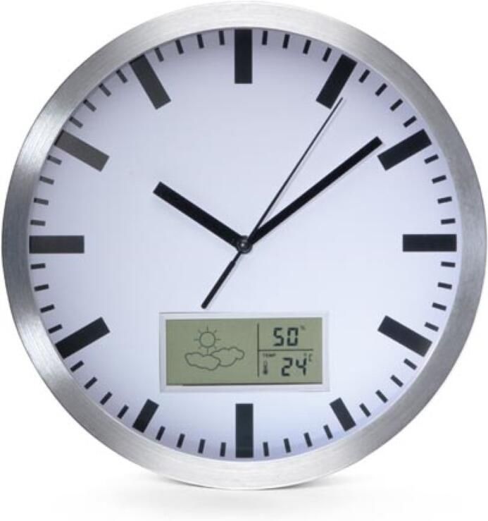 Velleman ALUMINIUM WANDKLOK MET LCD-DISPLAY EN THERMOMETER HYGROMETER&WEERSVOORSPELLING -Ø 25 cm