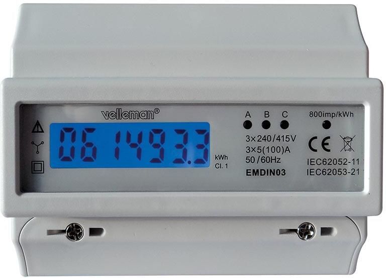 Velleman DRIEFASIGE kWh-METER VOOR DIN-RAIL MONTAGE 7 MODULES PROFESSIONEEL GEBRUIK