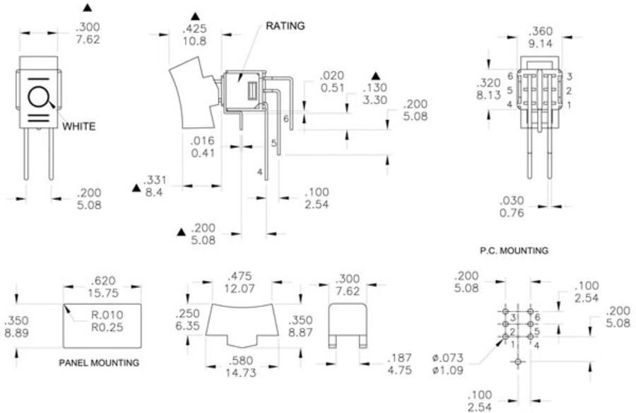 Velleman HAAKSE VERTICALE ROCKERSCHAKELAAR VOOR PCB DPDT (ON)-OFF-(ON)