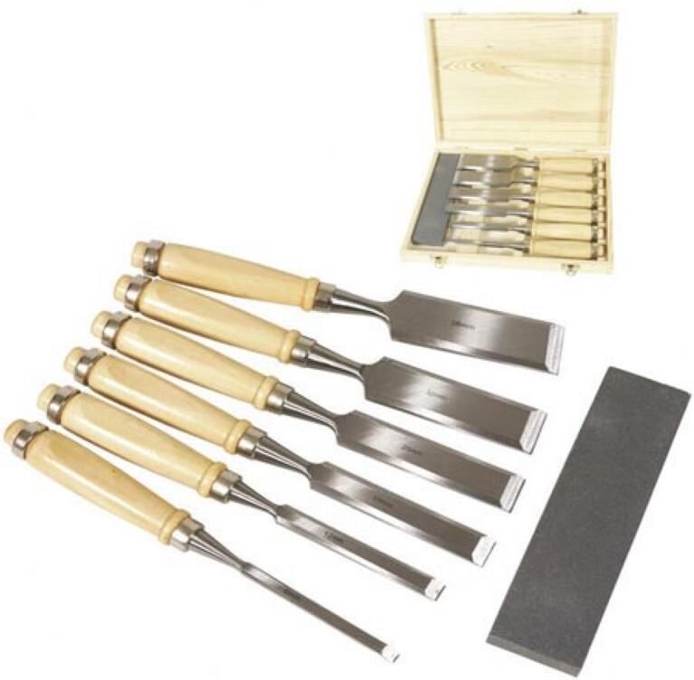 Velleman Professionele houtbeitelset voor fijn tot grof werk 6-delig met stevige houten handvatten inclusief slijpsteen 6-12-19-25-32