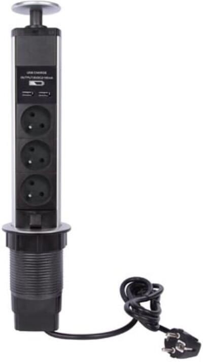 Velleman POP-UP STEKKERBLOK MET 3 STOPCONTACTEN 2 x USB PENAARDE