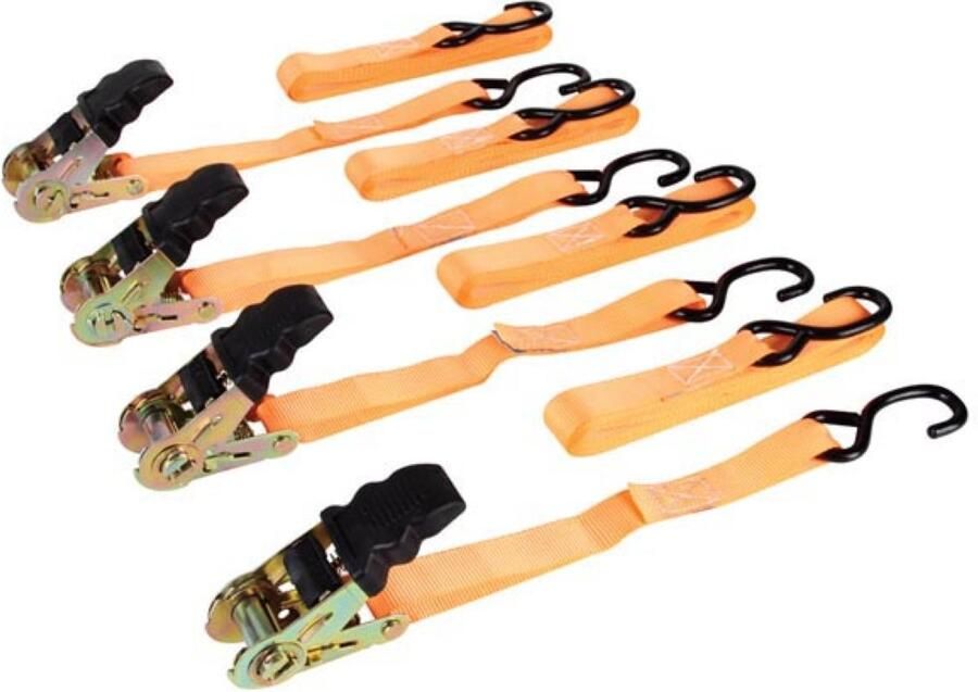 Velleman Set spanbanden 4 stuks tweedelig met ratel en S-haken uv-bestendig en waterafstotend voor het vastzetten van lichte ladinge