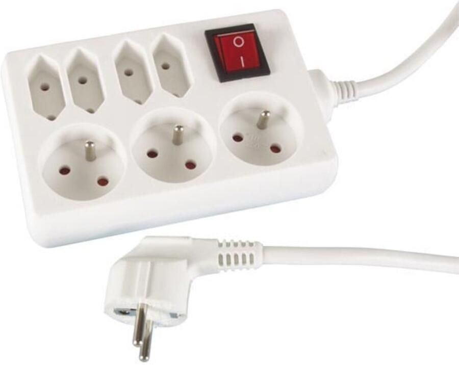 Velleman STEKKERDOOS 3 x SCHUKO + 4 x EURO MET SCHAKELAAR 1.5 m KABEL WIT PENAARDE