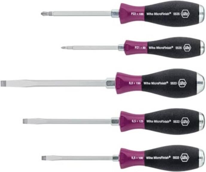 Velleman Wiha Schroevendraaierset MicroFinish Sleufkop Pozidriv met doorgaande zeskantschacht en massieve stalen kap 5-delig (29139)