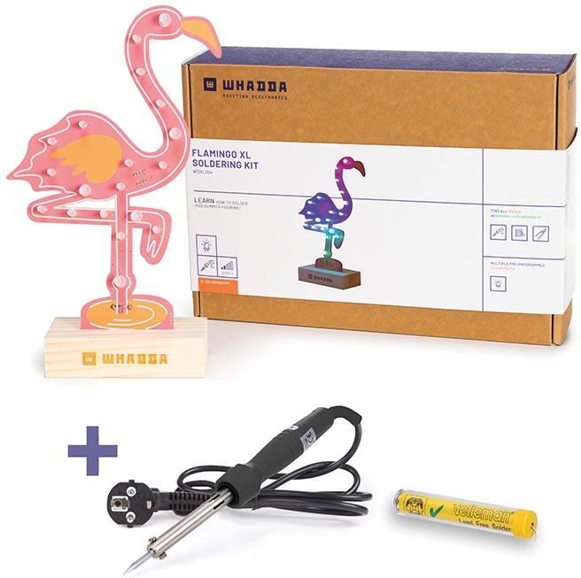 Velleman XL flamingo soldeer kit promo set met gratis soldeerbout en soldeertin educatief en creatief DIY elektronica project