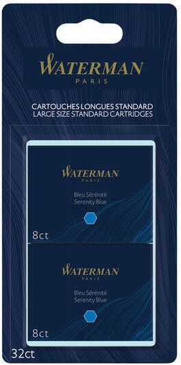 Waterman inktpatronen Standard Long blauw (Serenity) blister van 32 stuks