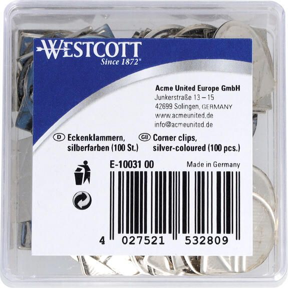 Westcott Hoekclips aluminium zilverkleurig doos Ã  100 stuks