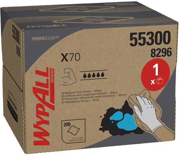 Wypall Poetsdoek X70 PowerClean 426x282mm 200vel dispenserdoos wit 8296