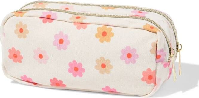 HEMA Etui Dubbele Rits 20x7cm Bloemen Lichtroze